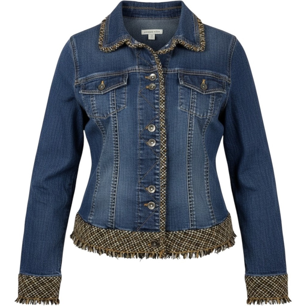 Coldwater Creek Button Up Dark Wash Denim Jacket Womens Size 18 Tweed Trim